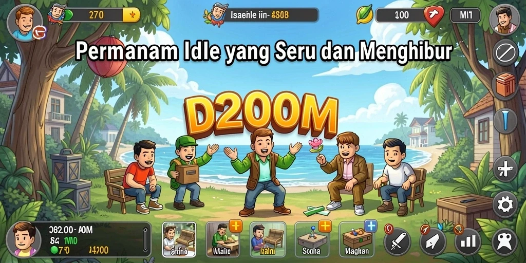 Screenshot utama D200M menunjukkan karakter sedang mengumpulkan sumber daya dalam mode Idle.