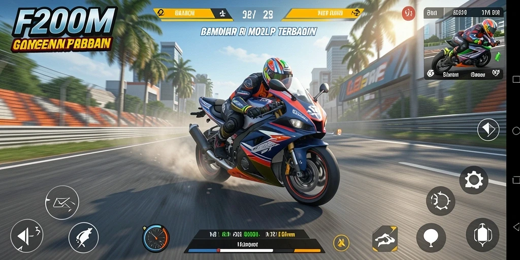 Screenshot F200M menampilkan aksi balap motor yang mendebarkan.