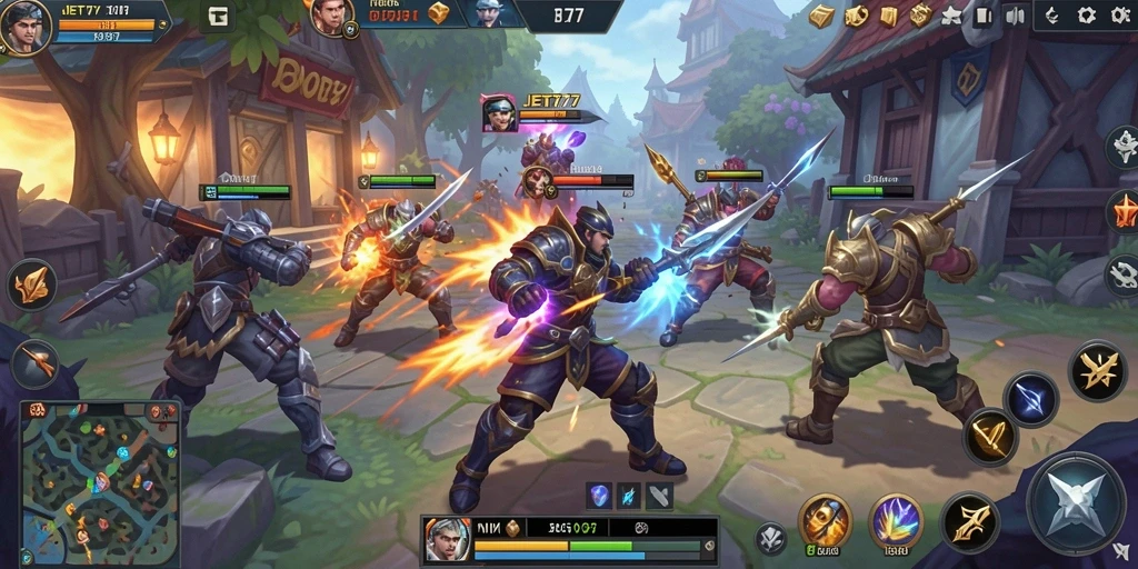 Gameplay seru JET77 dengan berbagai karakter MOBA.