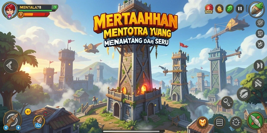 Screenshot gameplay <strong>MENYALA78</strong> menampilkan menara berperang melawan gelombang musuh.