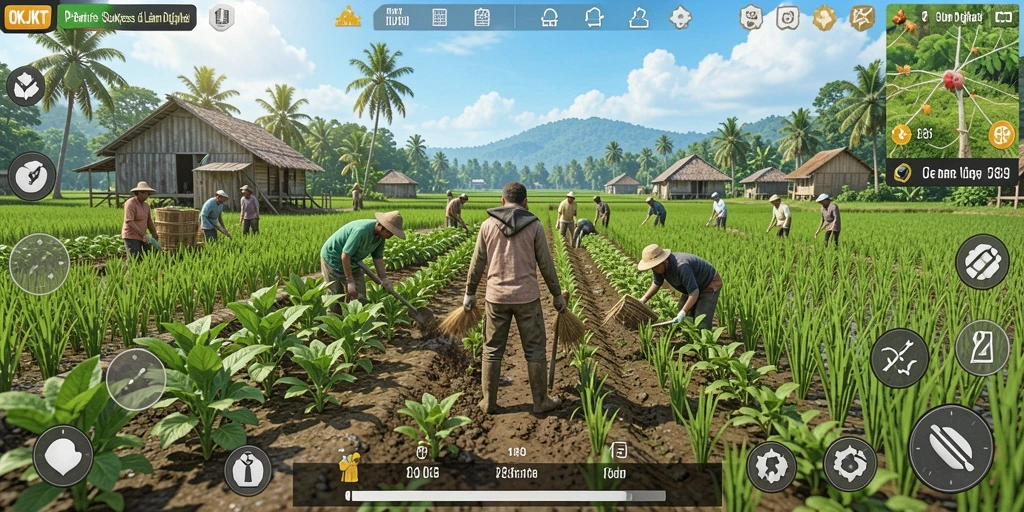 Tangkapan layar menunjukkan gameplay seru OKJKT dengan berbagai tanaman.