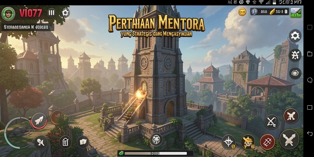 Tampilan gameplay VIO77 dengan menara dan musuh yang beragam.